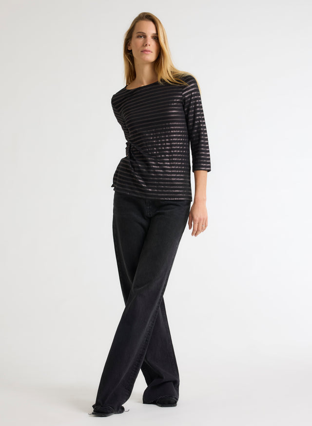 Majestic Filatures T-shirt Noir Col Bateau Manches Trois Quarts En Lin / Elasthanne Lin / Elasthanne