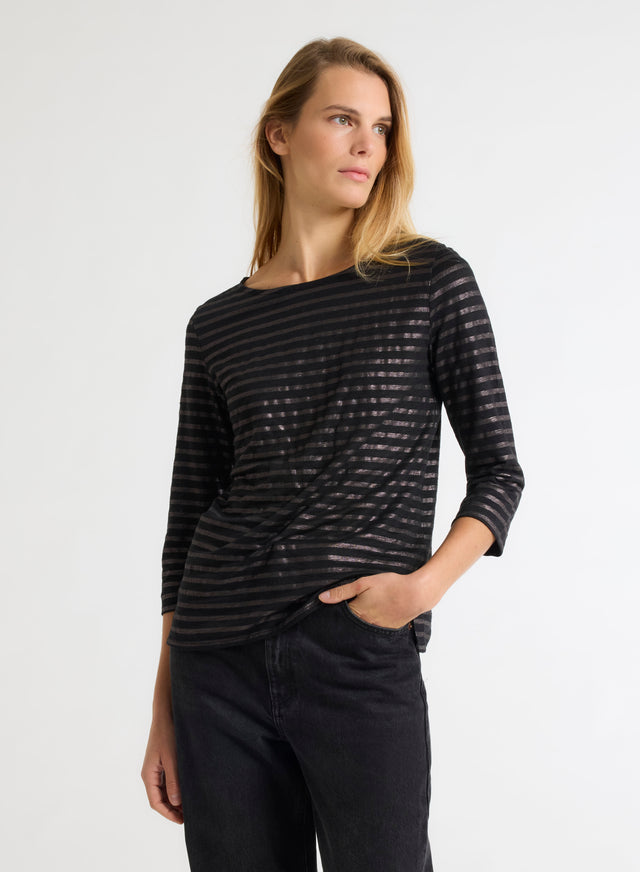 majestic filatures T-shirt Noir Col Bateau Manches Trois quarts en Lin / Elasthanne Lin / Elasthanne