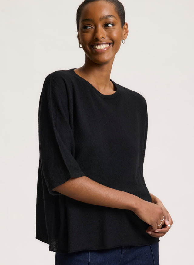 Majestic Filatures T-shirt Noir Col Rond Manches Coudes En Cachemire Cachemire