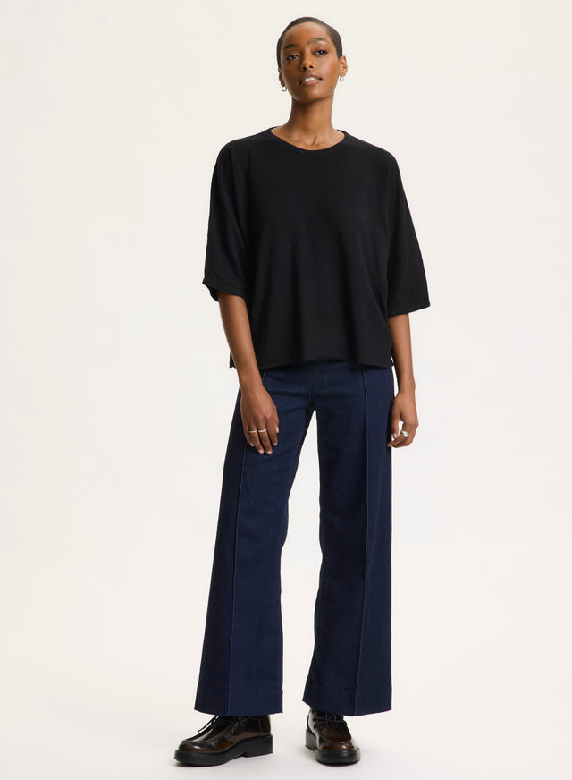 Majestic Filatures T-shirt Noir Col Rond Manches Coudes En Cachemire Cachemire