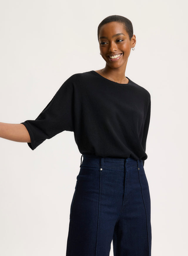 majestic filatures T-shirt Noir Col Rond Manches Coudes en Cachemire Cachemire