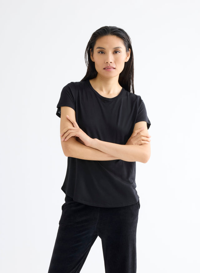 majestic filatures T-shirt Noir Col Rond Manches Courtes en Laine et Lyocell Lyocell / Laine vierge