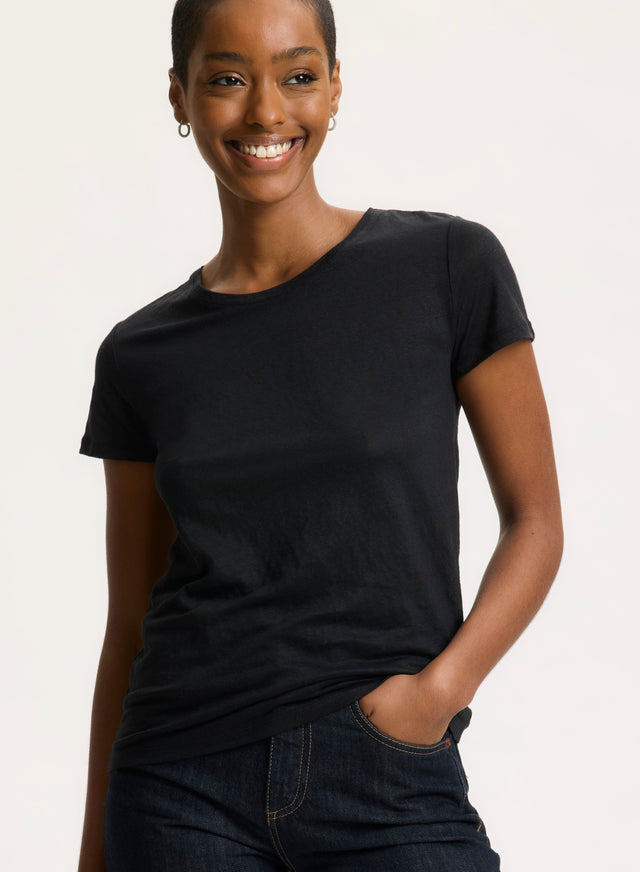 Majestic Filatures T-shirt Noir Col Rond Manches Courtes En Lin / Elasthanne Lin / Elasthanne