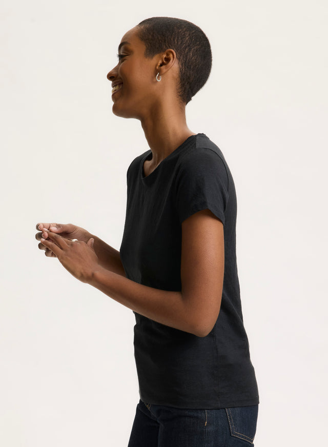 Majestic Filatures T-shirt Noir Col Rond Manches Courtes En Lin / Elasthanne Lin / Elasthanne