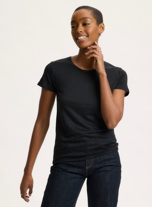 majestic filatures T-shirt Noir Col Rond Manches Courtes en Lin / Elasthanne Lin / Elasthanne
