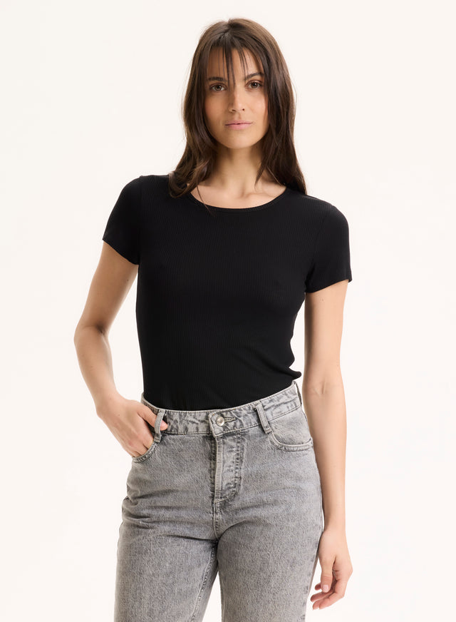 Majestic Filatures T-shirt Noir Col Rond Manches Courtes En Viscose / Élasthanne Viscose / Élasthanne