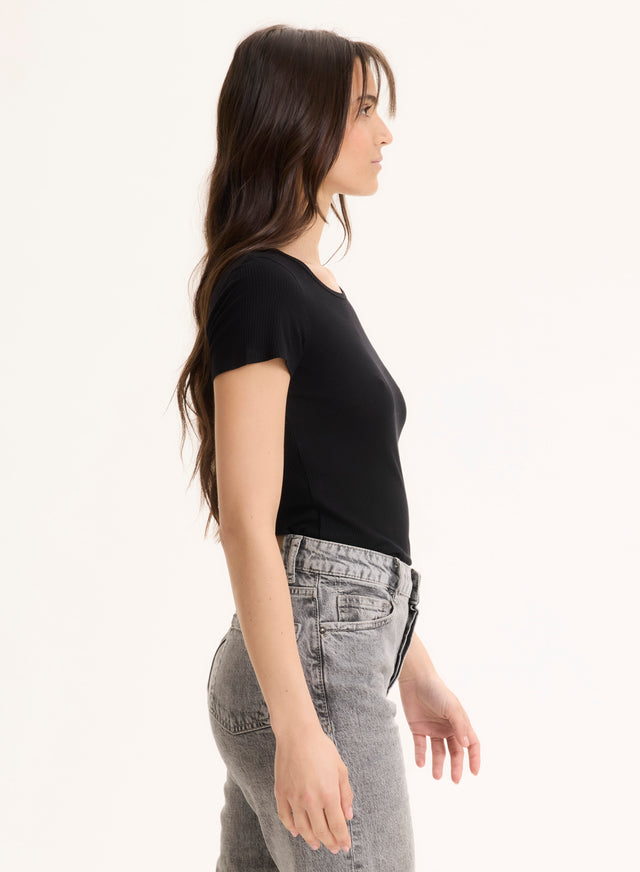 Majestic Filatures T-shirt Noir Col Rond Manches Courtes En Viscose / Élasthanne Viscose / Élasthanne