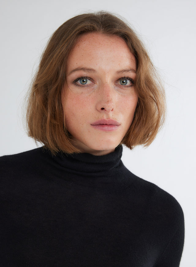 Majestic Filatures T-shirt Noir Col Roulé Manches Mitaines En 100% Cachemire Cachemire