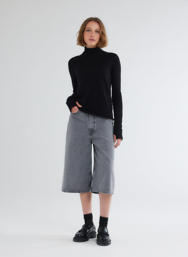 Majestic Filatures T-shirt Noir Col Roulé Manches Mitaines En 100% Cachemire Cachemire