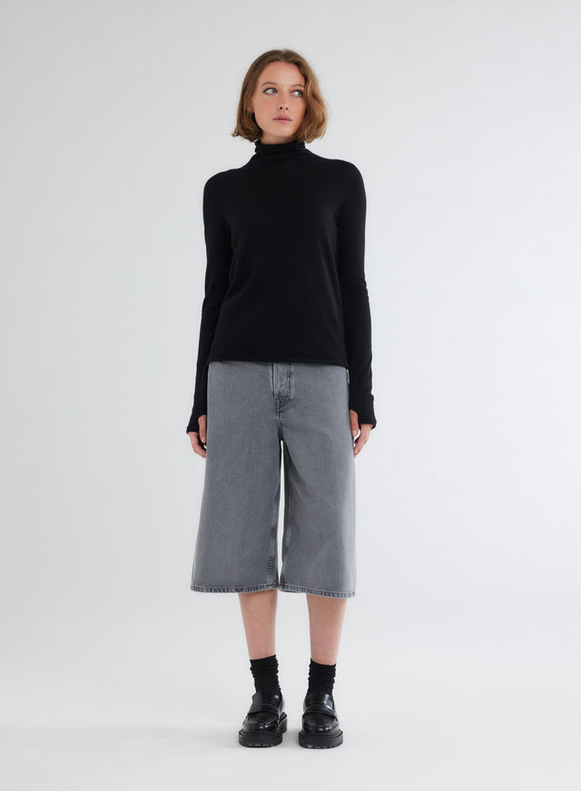 Majestic Filatures T-shirt Noir Col Roulé Manches Mitaines En 100% Cachemire Cachemire