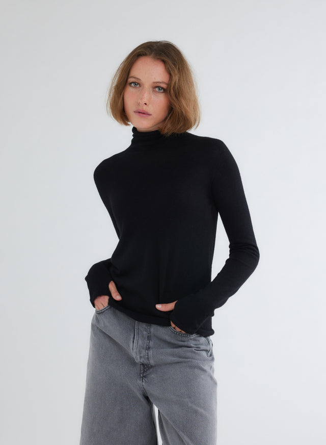 majestic filatures T-shirt Noir Col Roulé Manches Mitaines en 100% Cachemire Cachemire