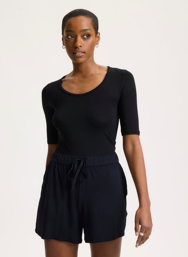 Majestic Filatures T-shirt Noir Col U Manches Coudes En Viscose / Élasthanne Viscose / Élasthanne