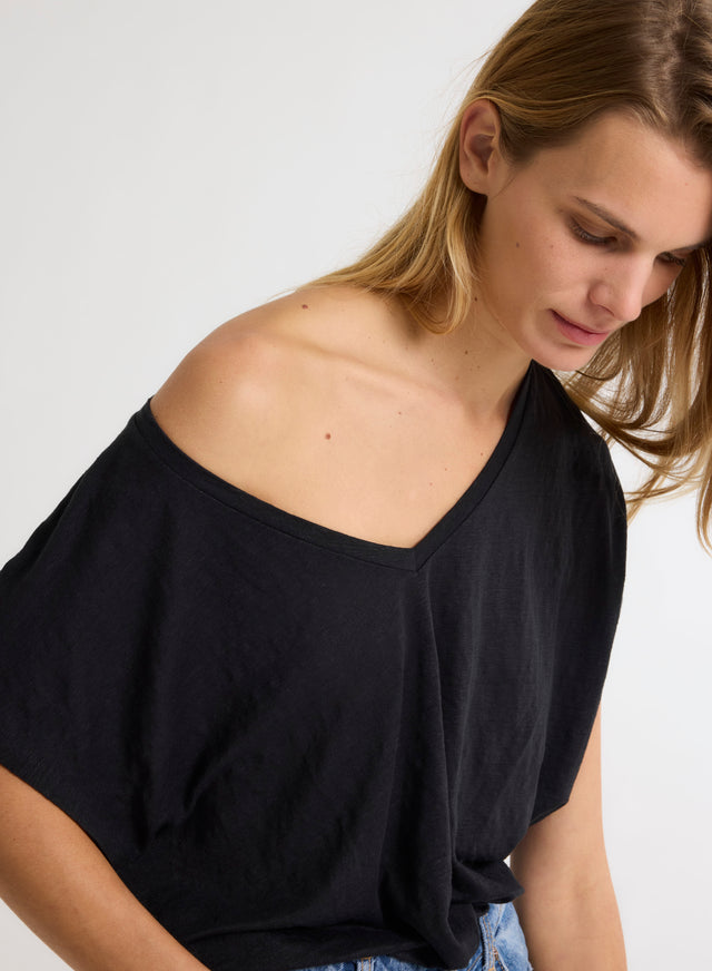 Majestic Filatures T-shirt Noir Col V Manches Courtes Lin / Elasthanne