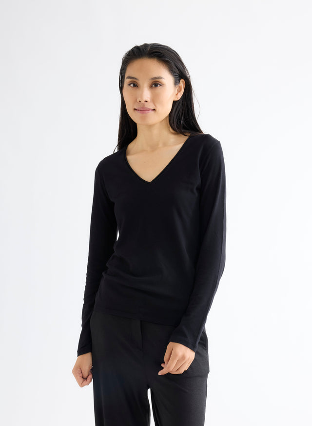 majestic filatures T-shirt Noir Col V Manches Longues en Coton et Cachemire Coton / Cachemire