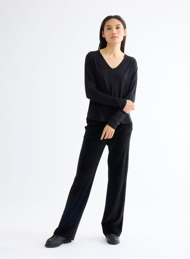 Majestic Filatures T-shirt Noir Col V Manches Longues En Laine Et Lyocell Lyocell / Laine Vierge