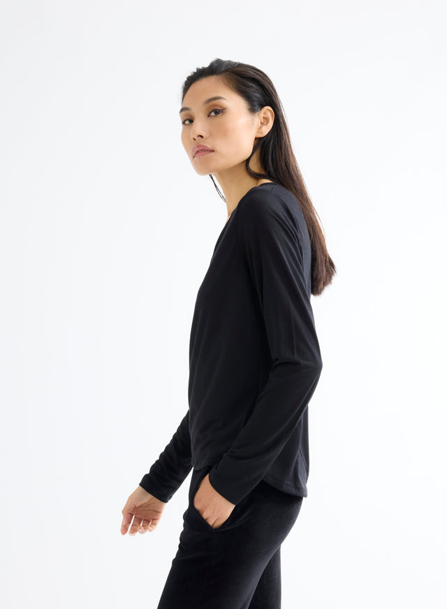 Majestic Filatures T-shirt Noir Col V Manches Longues En Laine Et Lyocell Lyocell / Laine Vierge