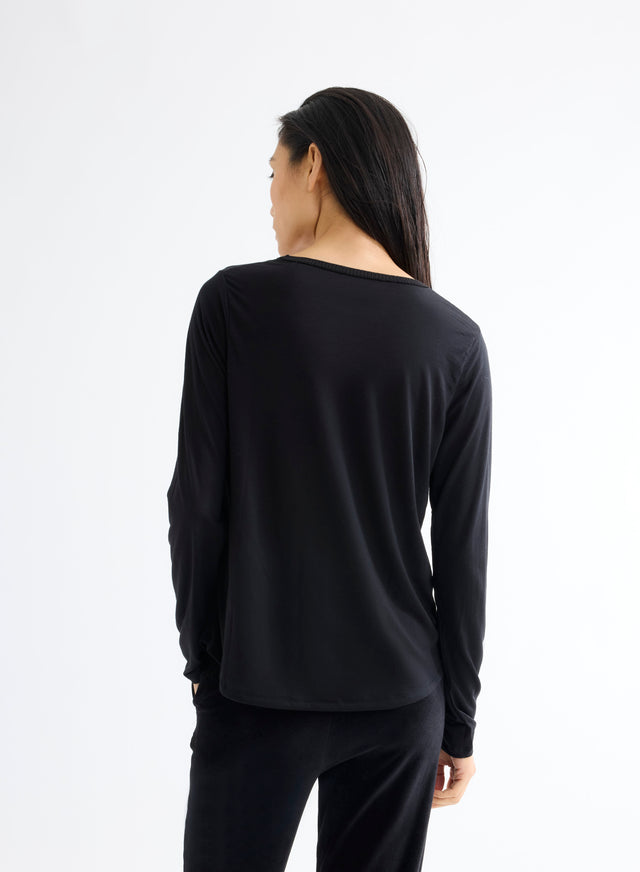 Majestic Filatures T-shirt Noir Col V Manches Longues En Laine Et Lyocell Lyocell / Laine Vierge