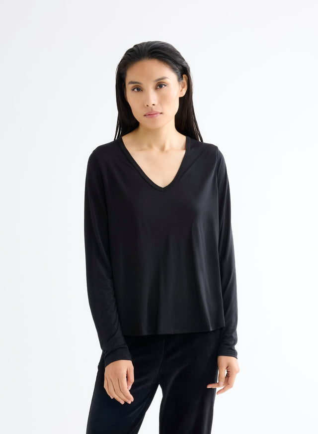 majestic filatures T-shirt Noir Col V Manches Longues en Laine et Lyocell Lyocell / Laine vierge