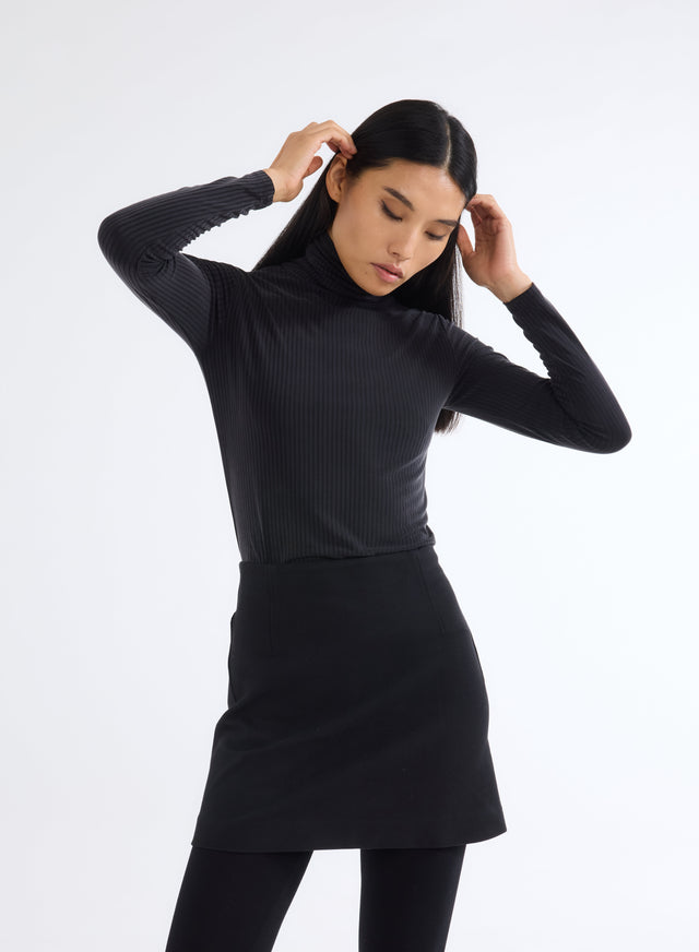 majestic filatures T-shirt Noir Côtelé Col Roulé Manches Longues en Cupro et Elasthanne Cupro / Elasthanne