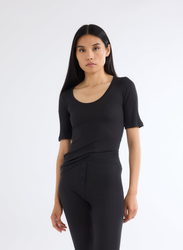 majestic filatures T-shirt Noir Côtelé Col U Manches Coudes en Coton Organique Coton organique / Modal