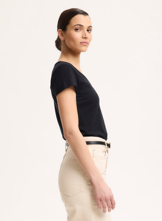 Majestic Filatures T-shirt Noir Julia Col V Manches Courtes En Deluxe Coton Deluxe Coton