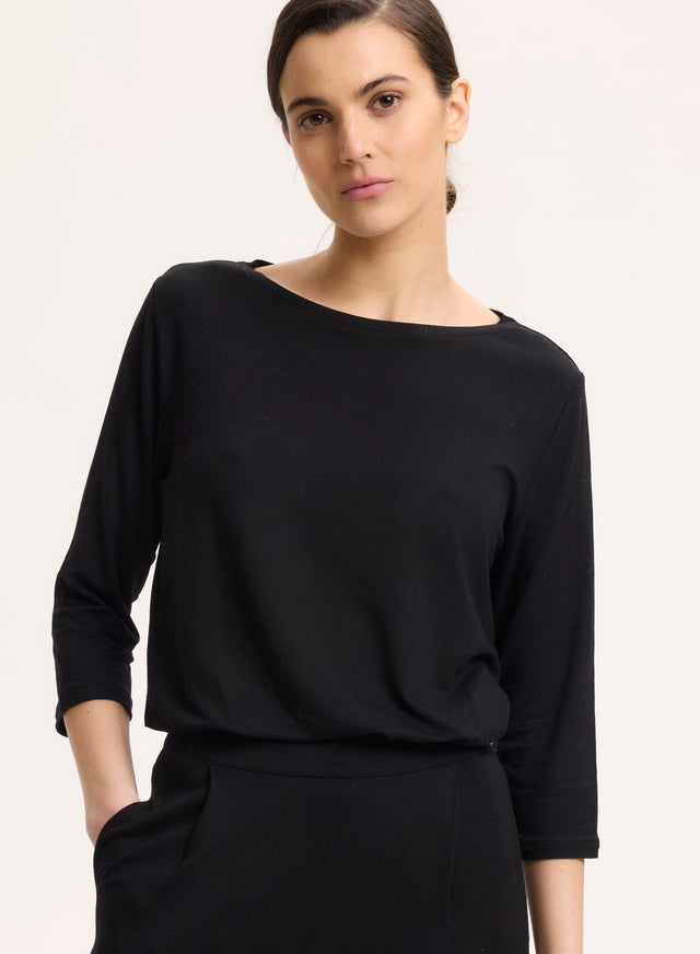 majestic filatures T-shirt Noir Manches 3/4 Col Bateau en Viscose et Élasthanne Viscose / Élasthanne