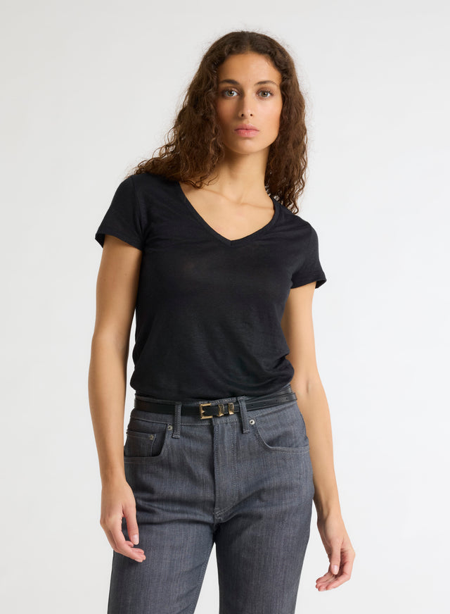 Majestic Filatures T-shirt Noir Manches Courtes Col V En Lin Et Elasthanne Lin / Elasthanne
