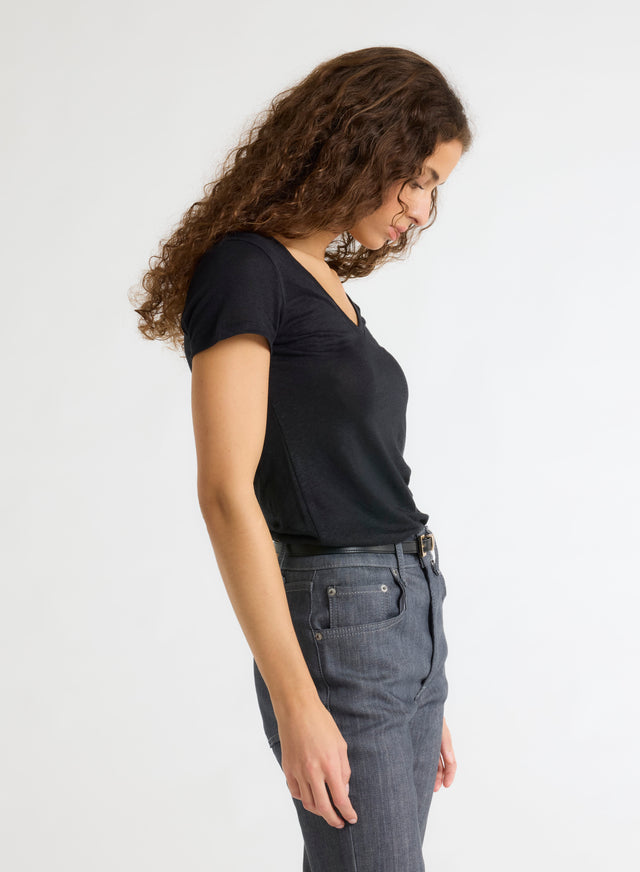 Majestic Filatures T-shirt Noir Manches Courtes Col V En Lin Et Elasthanne Lin / Elasthanne