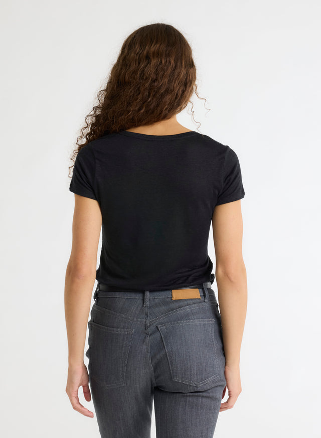 Majestic Filatures T-shirt Noir Manches Courtes Col V En Lin Et Elasthanne Lin / Elasthanne