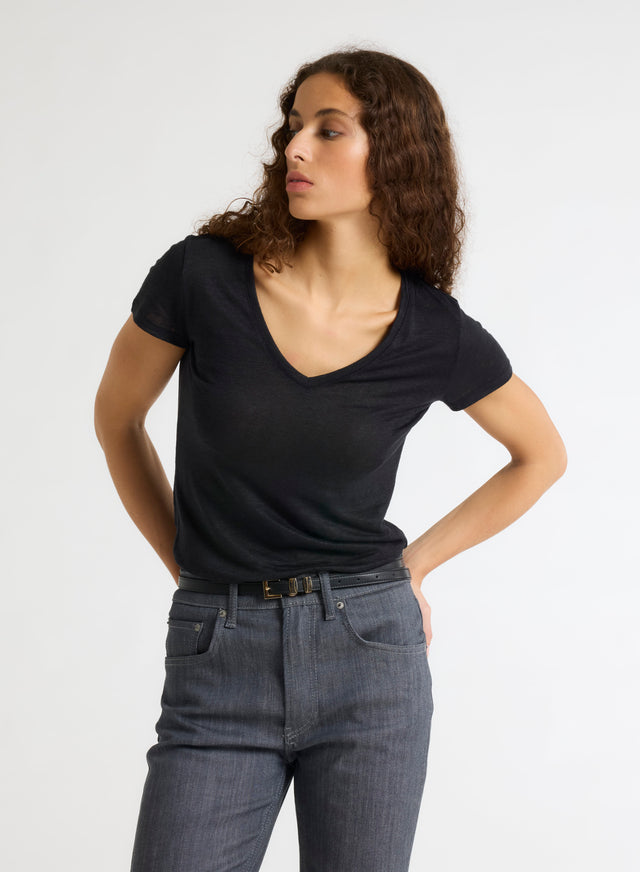 majestic filatures T-shirt Noir Manches Courtes Col V en Lin et Elasthanne Lin / Elasthanne