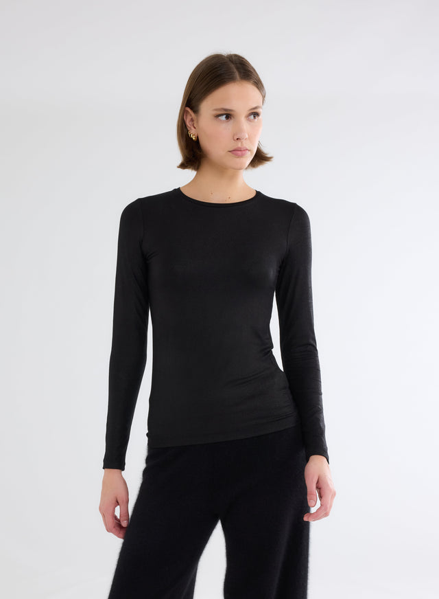 Majestic Filatures T-shirt Noir Pailletté Col Rond Manches Longues En Viscose Et Élasthanne Viscose / Élasthanne