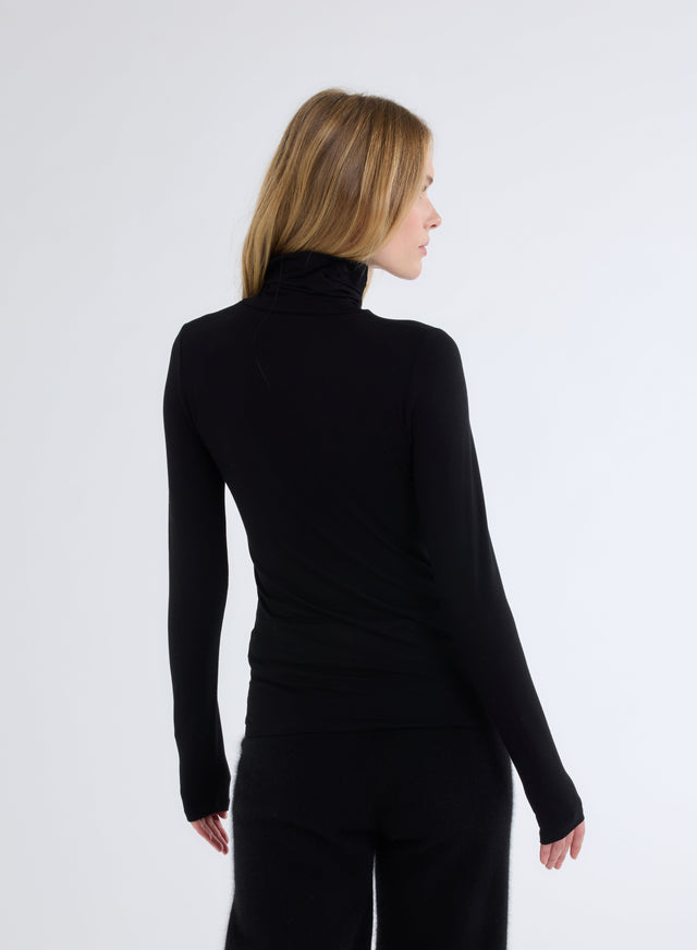 Majestic Filatures T-shirt Noir Seconde Peau Col Roulé Manches Longues En Viscose Et Élasthanne Viscose / Élasthanne