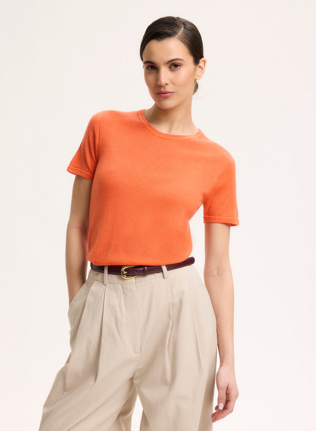 Majestic Filatures T-shirt Orange Col Rond Manches Courtes En Cachemire Cachemire