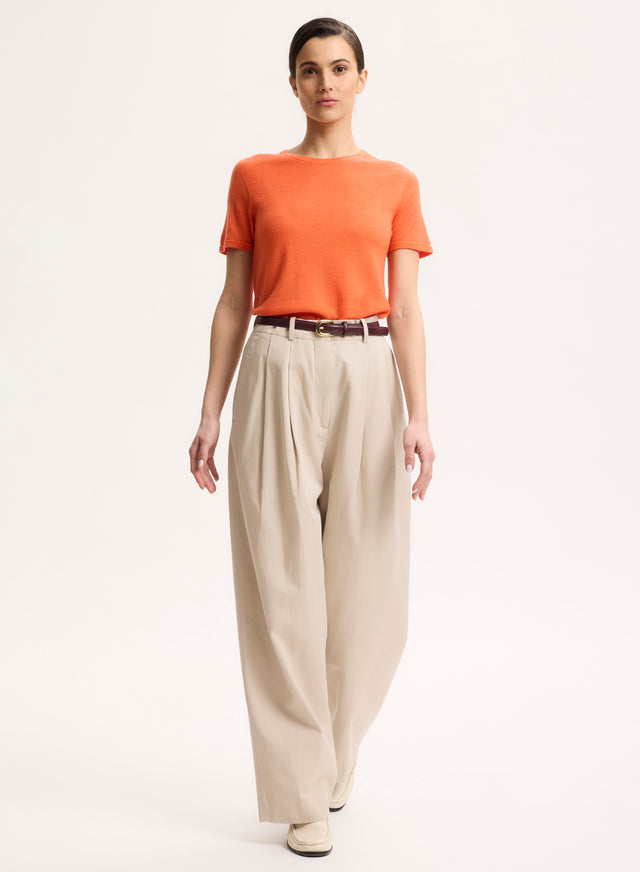 Majestic Filatures T-shirt Orange Col Rond Manches Courtes En Cachemire Cachemire