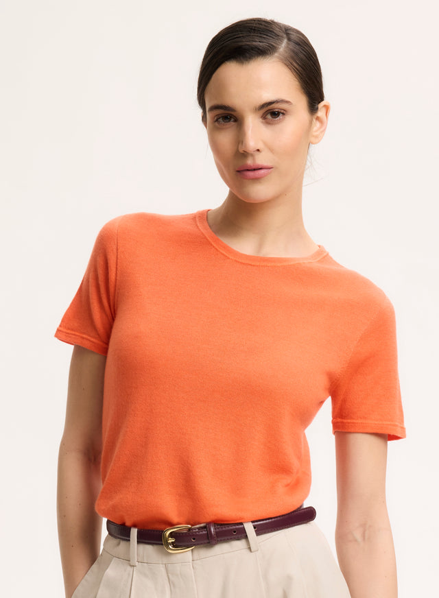 majestic filatures T-shirt Orange Col Rond Manches Courtes en Cachemire Cachemire