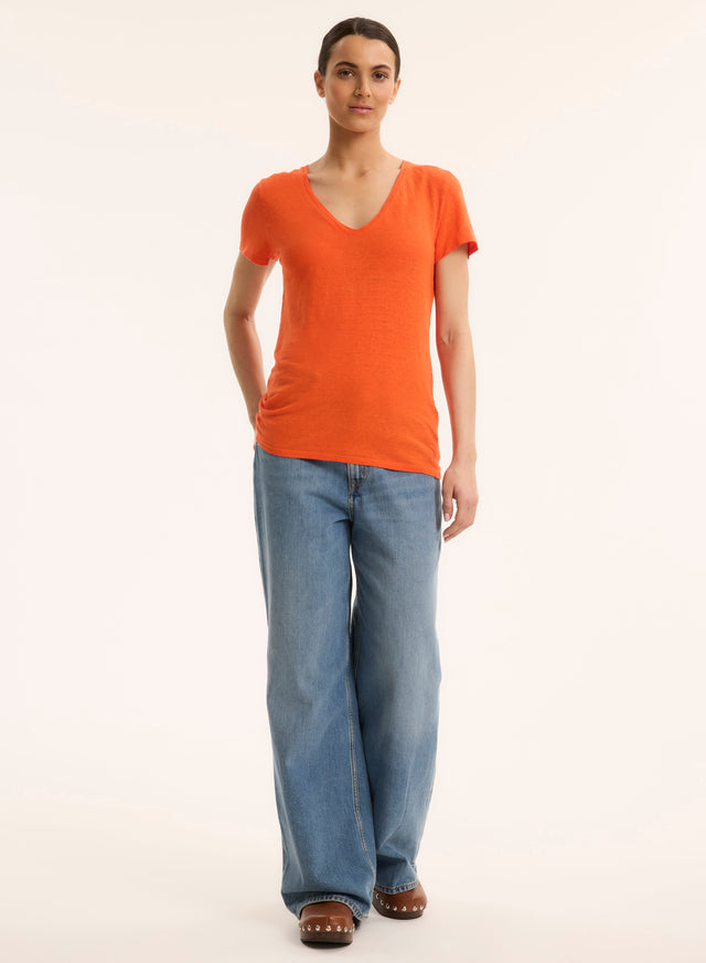 Majestic Filatures T-shirt Orange Col V Manches Courtes En Lin / Elasthanne Lin / Elasthanne