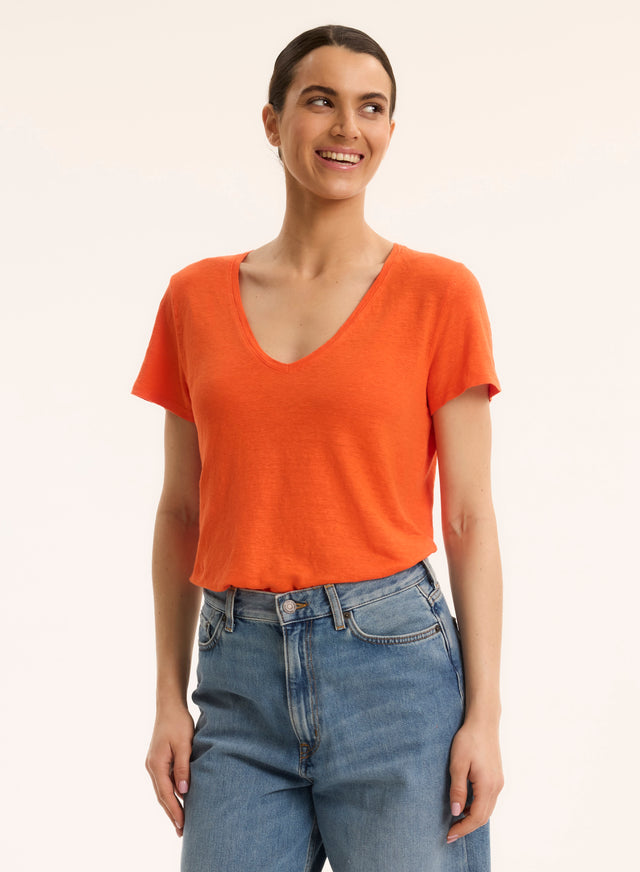Majestic Filatures T-shirt Orange Col V Manches Courtes En Lin / Elasthanne Lin / Elasthanne