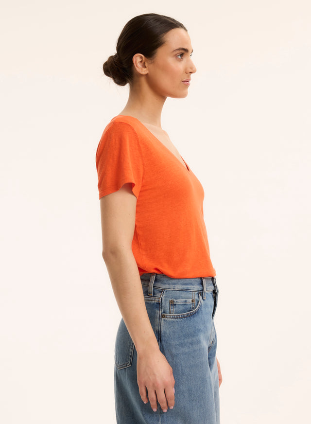 Majestic Filatures T-shirt Orange Col V Manches Courtes En Lin / Elasthanne Lin / Elasthanne