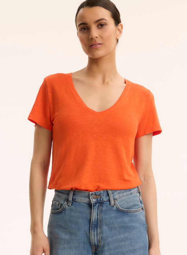 majestic filatures T-shirt Orange Col V Manches Courtes en Lin / Elasthanne Lin / Elasthanne