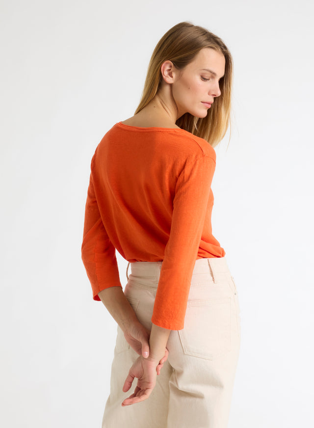 Majestic Filatures T-shirt Orange Col V Manches Trois Quarts En Lin / Elasthanne Lin / Elasthanne