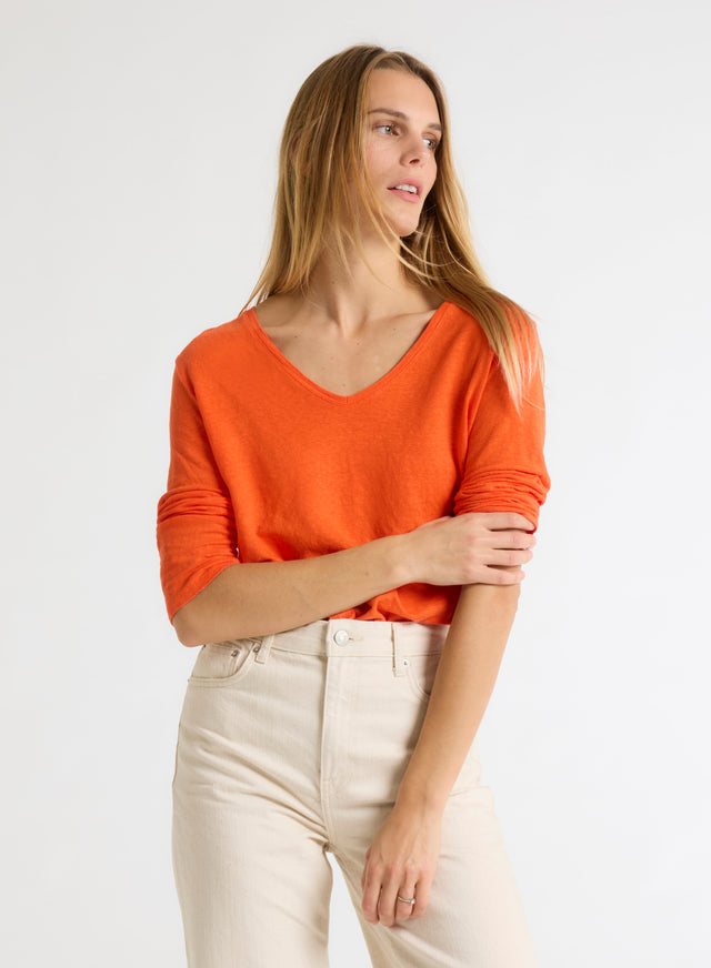 majestic filatures T-shirt Orange Col V Manches Trois quarts en Lin / Elasthanne Lin / Elasthanne