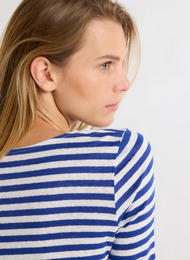 Majestic Filatures T-shirt Rayé Bleu Et Blanc Col Bateau Manches Trois Quarts En Lin / Elasthanne Lin / Elasthanne