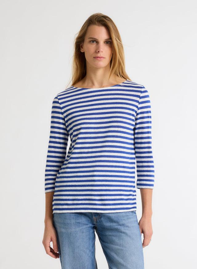 Majestic Filatures T-shirt Rayé Bleu Et Blanc Col Bateau Manches Trois Quarts En Lin / Elasthanne Lin / Elasthanne
