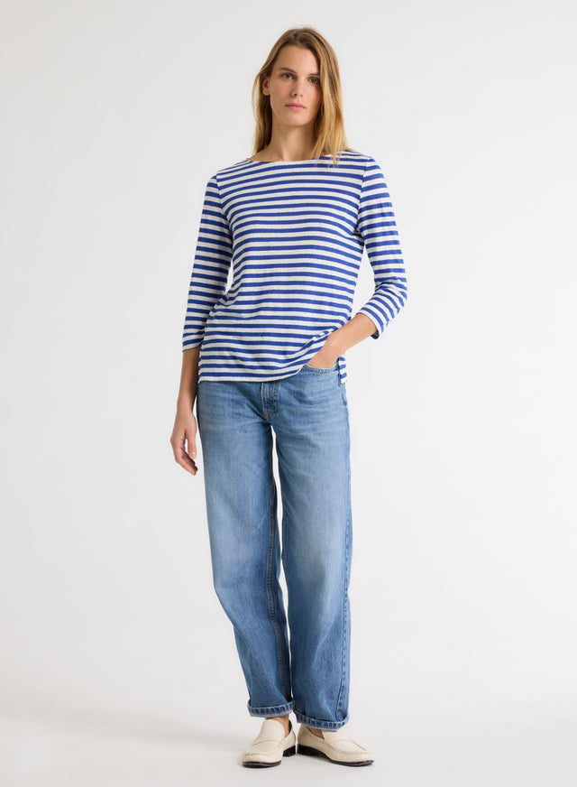 Majestic Filatures T-shirt Rayé Bleu Et Blanc Col Bateau Manches Trois Quarts En Lin / Elasthanne Lin / Elasthanne