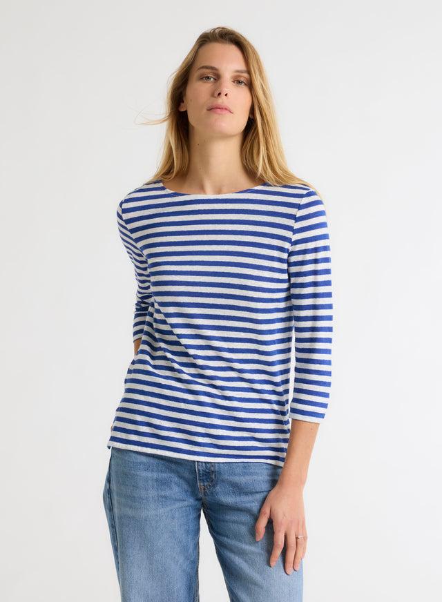 majestic filatures T-shirt rayé Bleu et Blanc Col Bateau Manches Trois quarts en Lin / Elasthanne Lin / Elasthanne majestic filatures T-shirt rayé Bleu et Blanc Col Bateau Manches Trois quarts en Lin / Elasthanne Lin / Elasthanne