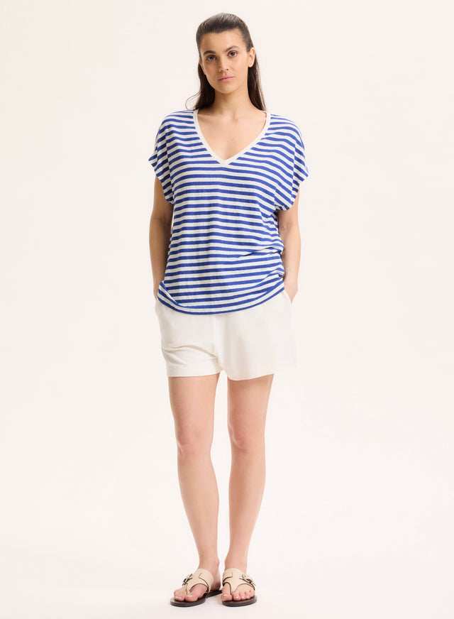 Majestic Filatures T-shirt Rayé Bleu Et Blanc Col V Manches Courtes En Lin / Elasthanne Lin / Elasthanne