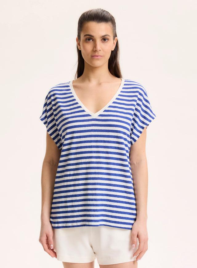 Majestic Filatures T-shirt Rayé Bleu Et Blanc Col V Manches Courtes En Lin / Elasthanne Lin / Elasthanne