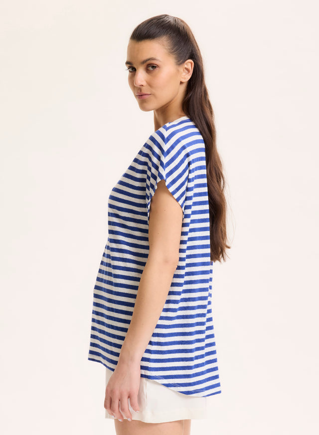 Majestic Filatures T-shirt Rayé Bleu Et Blanc Col V Manches Courtes En Lin / Elasthanne Lin / Elasthanne