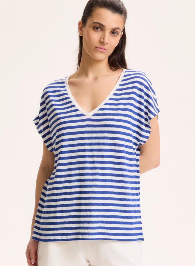 majestic filatures T-shirt rayé Bleu et Blanc Col V Manches Courtes en Lin / Elasthanne Lin / Elasthanne
