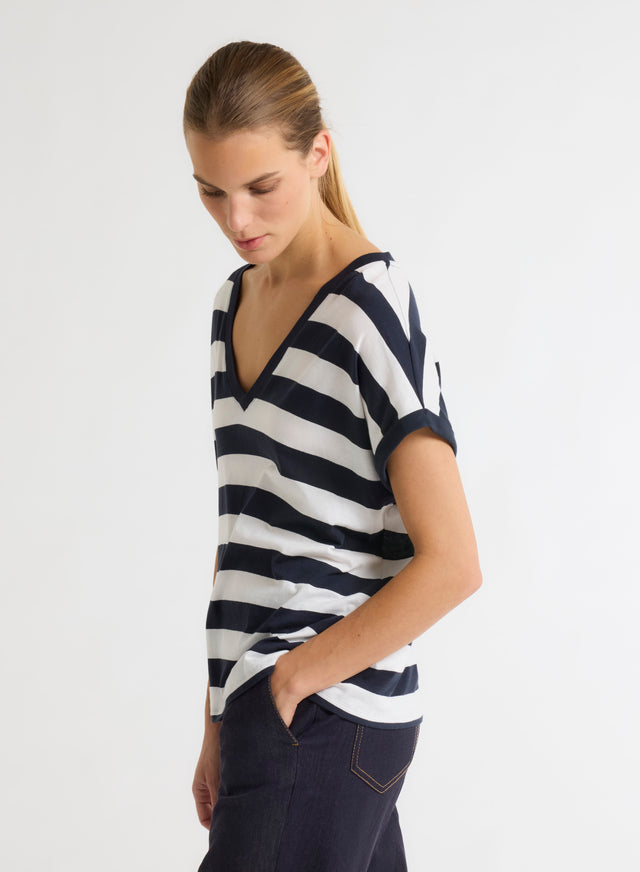 Majestic Filatures T-shirt Rayé Marine Et Blanc Col V Manches Courtes En Coton Organique Coton Organique